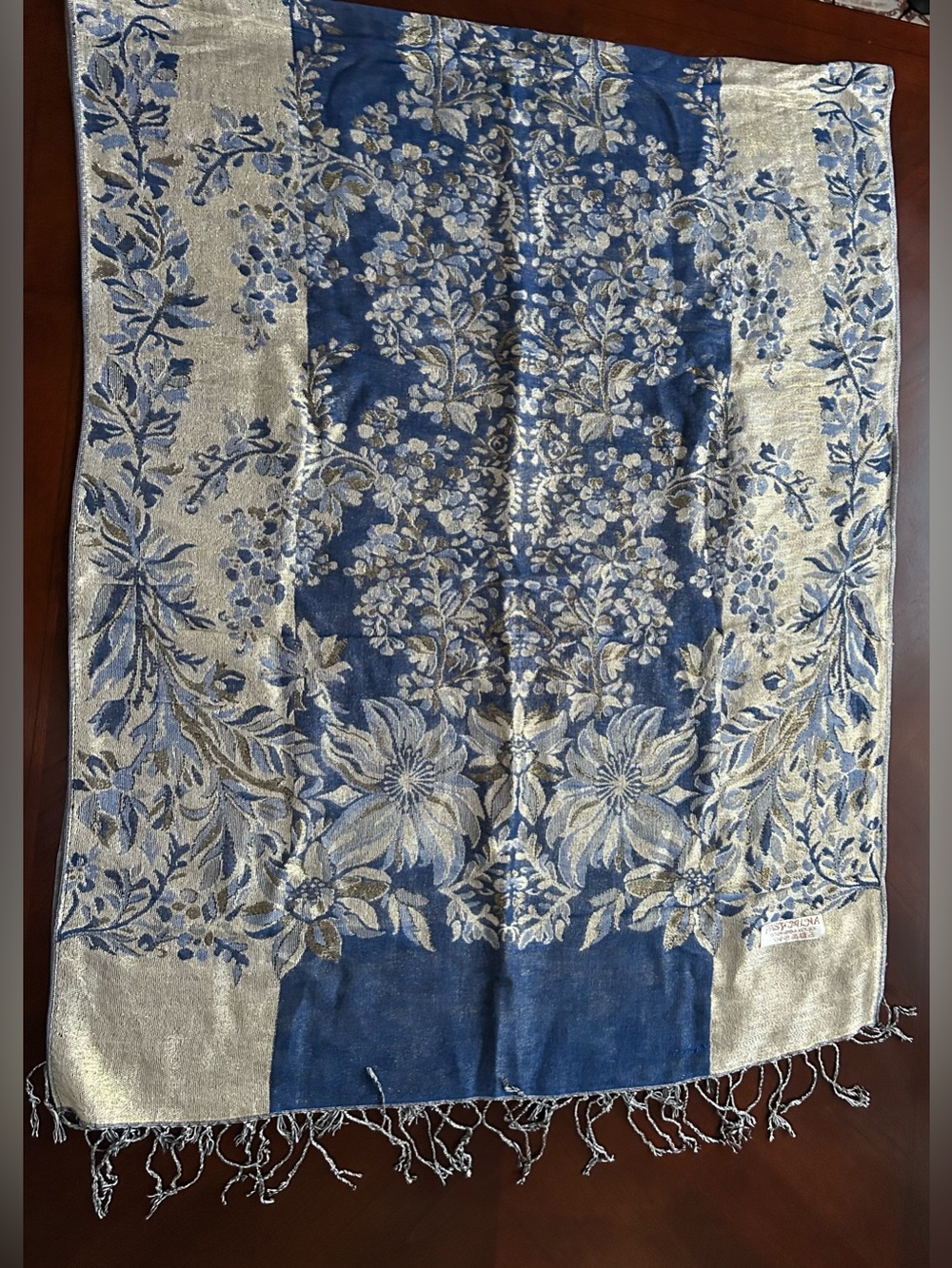 pashmina Navy and Gold Floral Jacquard Scarf 55% pashimina 45% silk
